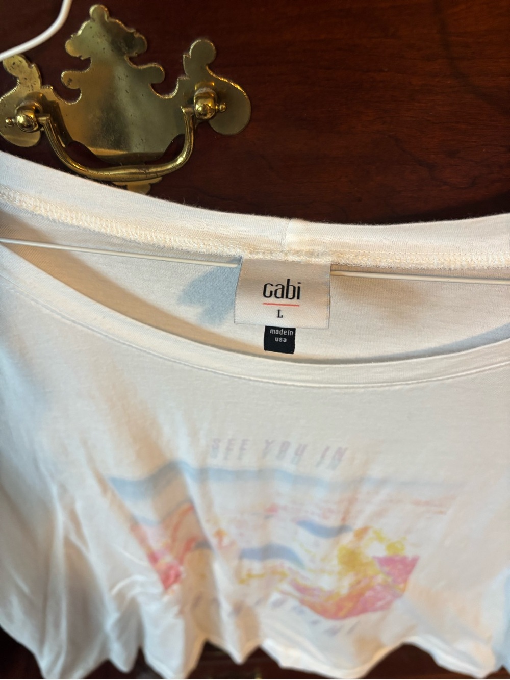 CAbi White Tee with Pastel Multicolor Graphic - L
